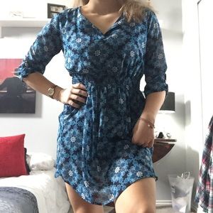 Blue floral, bohemian chic, mini dress.